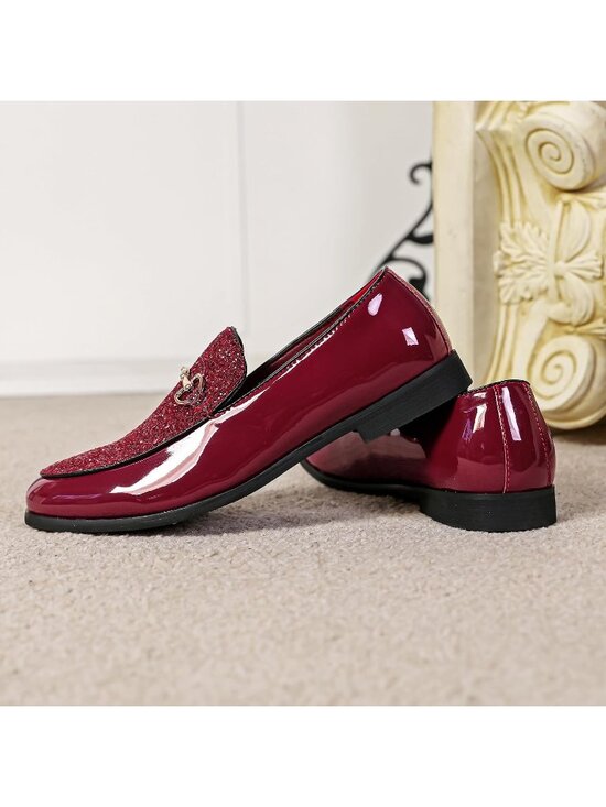 Men\'s Red Rubber Sole Leather Sparkly Sequins Loafers Gold Buckle Party Shoes main image 6